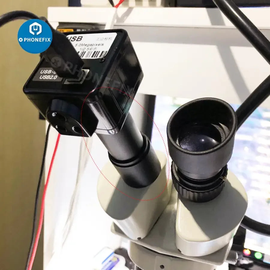 PhoneFix C-Mount Lens Adapter for microscopes, fits 23.2mm and 30/30.5mm rings, used with CCD camera systems in electric microscopes.
