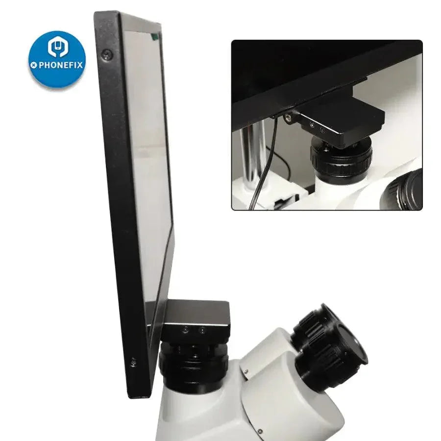 Integrated trinocular stereo white microscope with LCD display screen, electric microscope by PHONEFIX, for detailed scientific viewing.