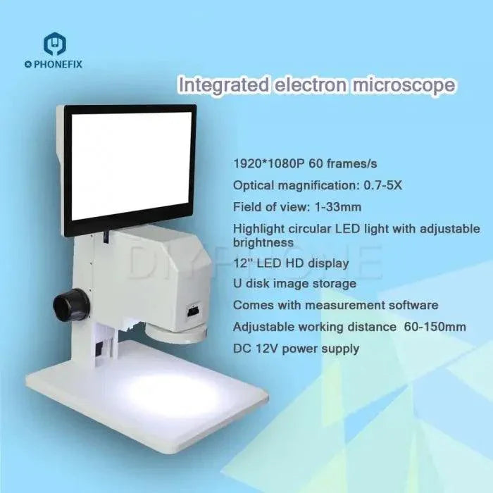 PHONEFIX MS200 integrated electric microscope with all-in-one video display screen, showing detailed view of microscopic sample.