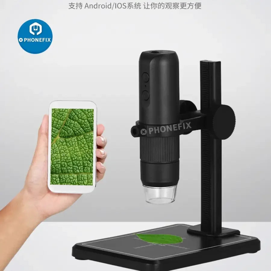 PHONEFIX MS5 1000X WiFi USB digital electronic microscope showing PCB inspection with high-definition magnified view.