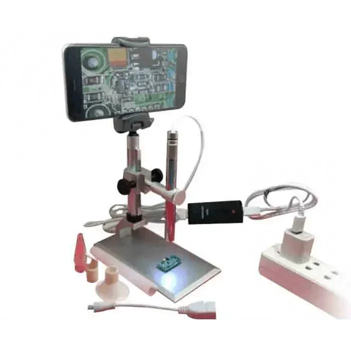 PHONEFIX multi-purpose Wi-Fi microscope endoscope for PCB inspection and repair, showing the device connected to a screen for detailed viewing.