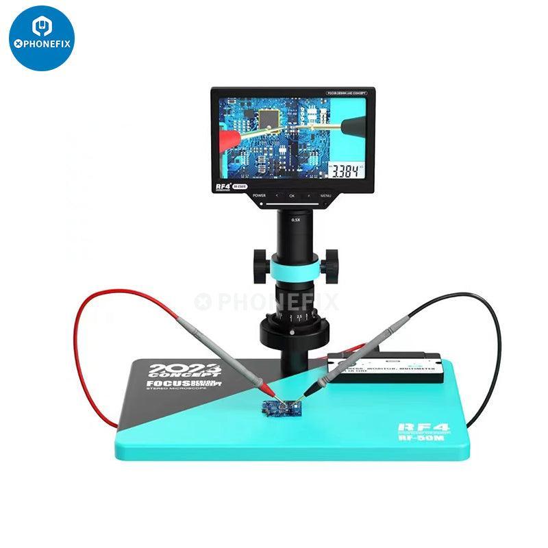 RF4 RF-50M digital microscope multimeter with probes, used for welding testing, by PHONEFIX, showcasing detailed microscope and testing probes.