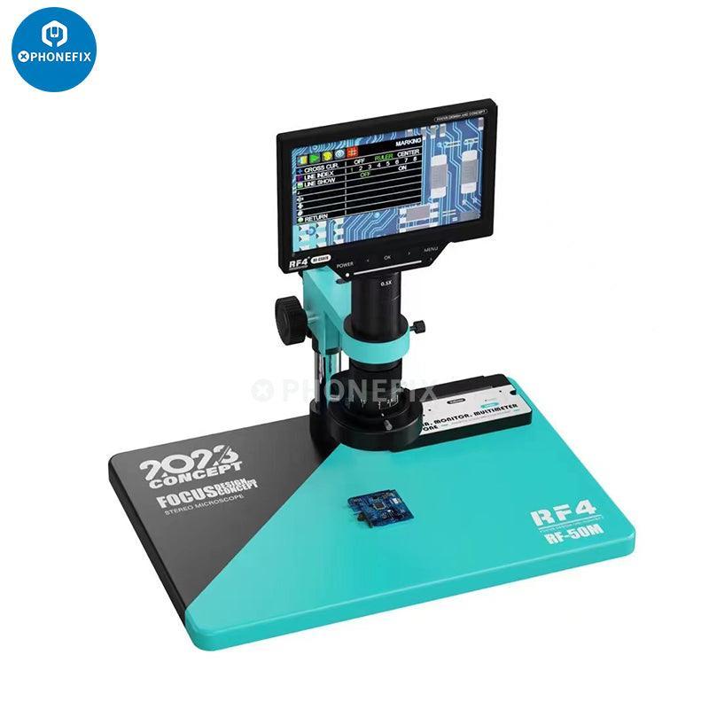 RF4 RF-50M digital microscope multimeter with probes for welding testing, showing the device and connected testing probes.