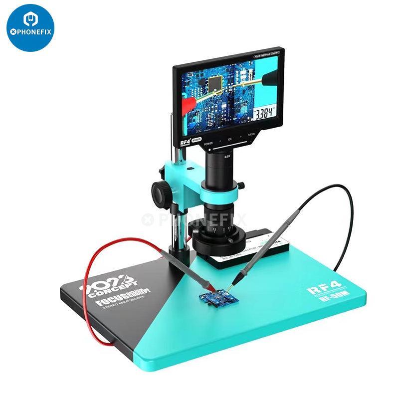 RF4 RF-50M digital microscope and multimeter probes for welding testing, with detailed view of the device's probes and controls.