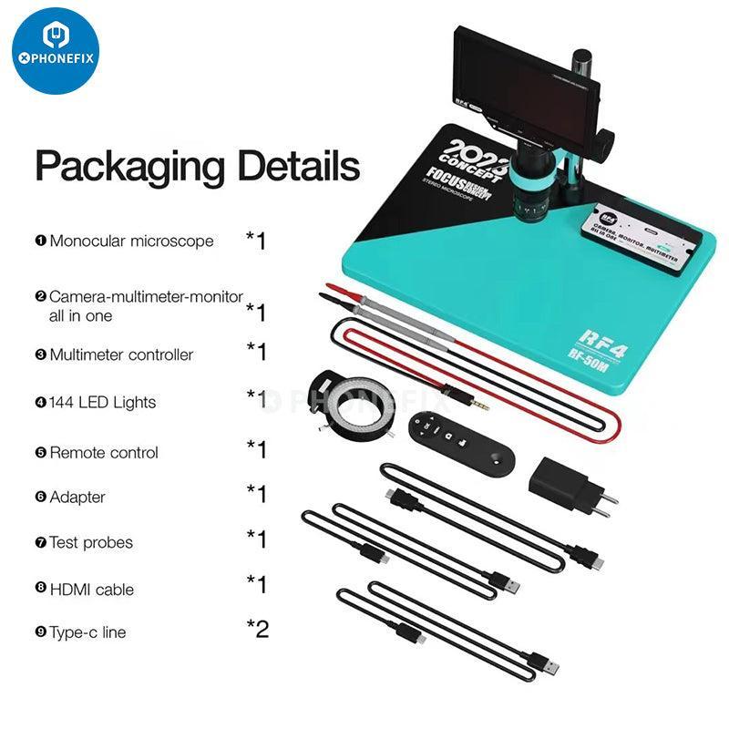 RF4 RF-50M digital microscope multimeter with probes, used for welding testing, by PHONEFIX, featuring a compact electric microscope design.