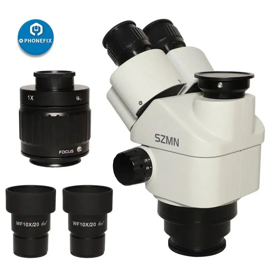 SZMN 7-45X Simul-focal Trinocular Zoom Stereo Microscope Head by PHONEFIX, featuring electric microscope design and adjustable zoom.