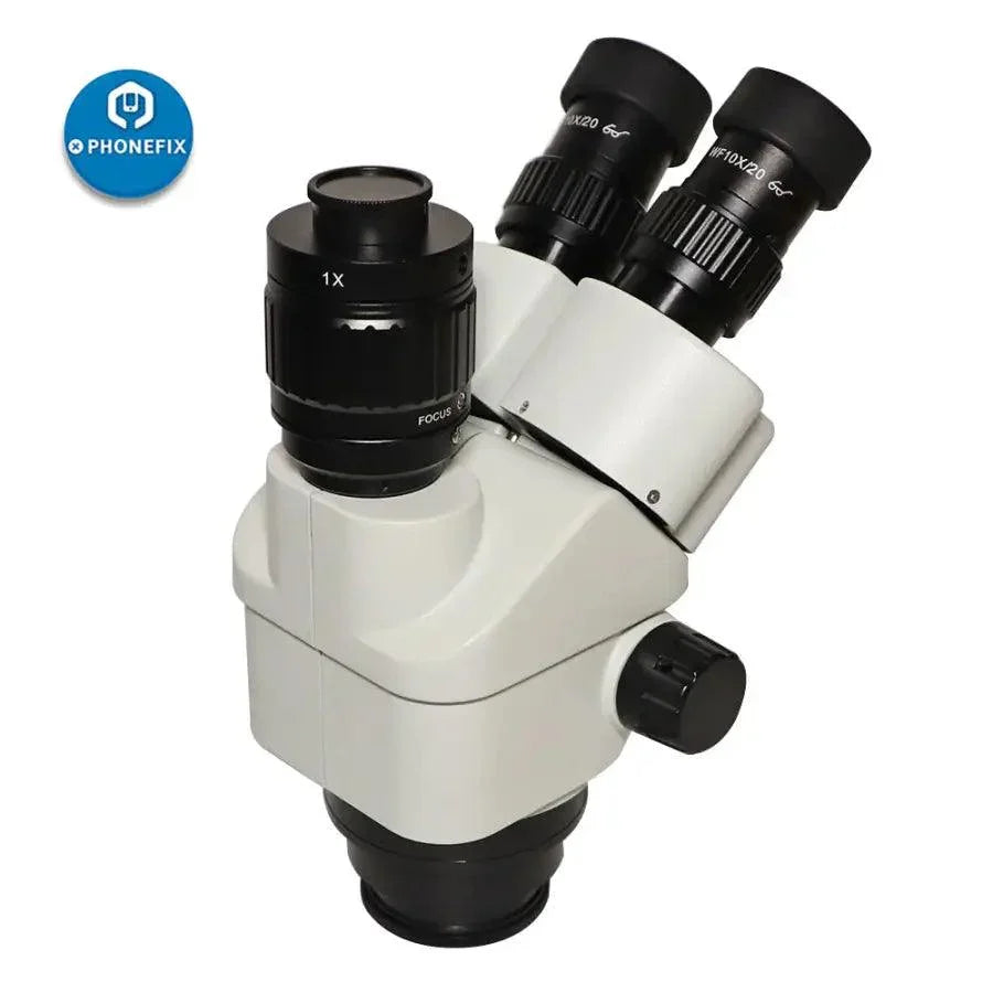Phonefix SZMN 7-45X Simul-focal Trinocular Zoom Stereo Microscope Head for electric microscopes, detailed and adjustable viewing.