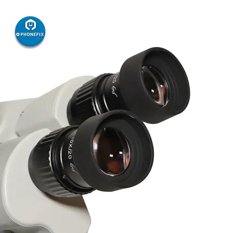 SZMN 7-45X Simul-focal Trinocular Zoom Stereo Microscope Head by PHONEFIX, with adjustable magnification and ergonomic design.