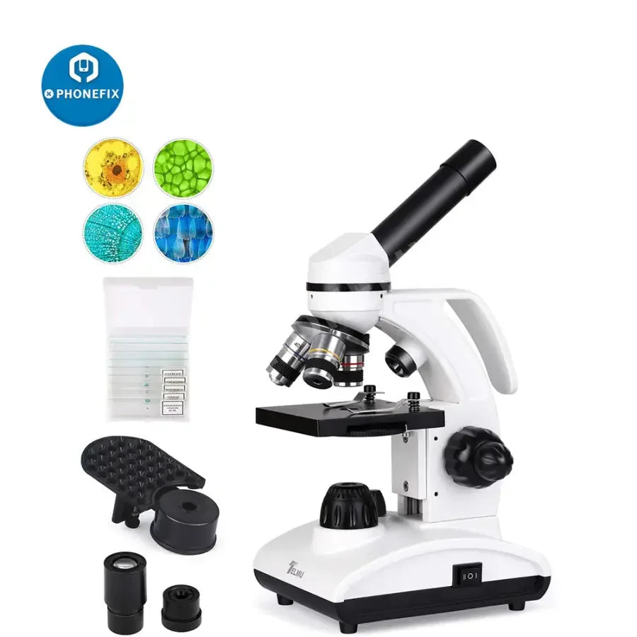 TELMU 40X-1000X student lab electric microscope with dual lenses and LED illumination, ideal for educational science experiments.