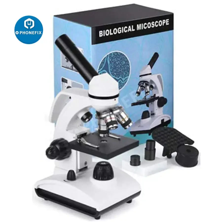 TELMU 40X-1000X student lab electric microscope with dual LED illumination, suitable for educational or scientific use.