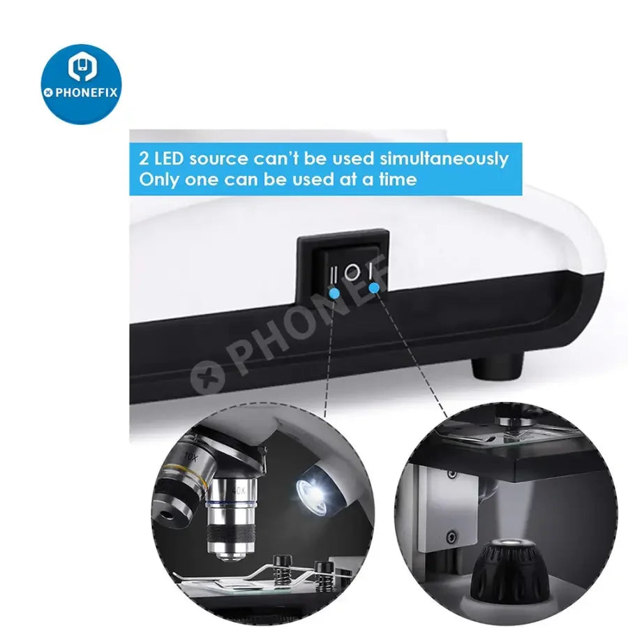TELMU 40X-1000X student lab electric microscope with dual LED illumination and adjustable focus, ideal for educational use.
