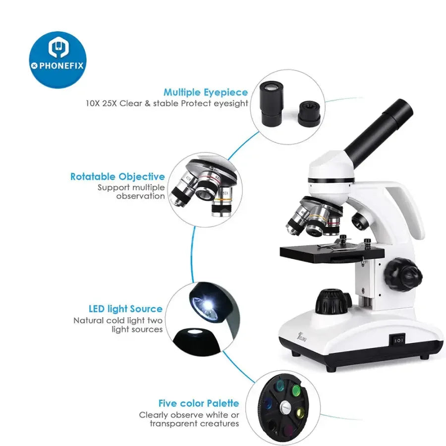 TELMU 40X-1000X student lab electric microscope with dual lenses and LED illumination, used for educational scientific observation.