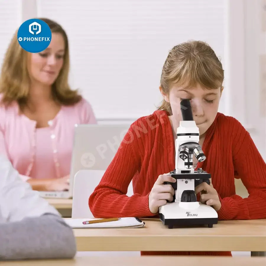 TELMU 40X-1000X student lab electric microscope with dual lenses and LED illumination, ideal for educational microscopy.