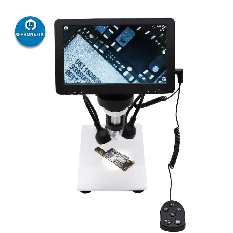 PHONEFIX DM9 1200X 12MP USB digital microscope with 7-inch display screen for detailed close-up examination.