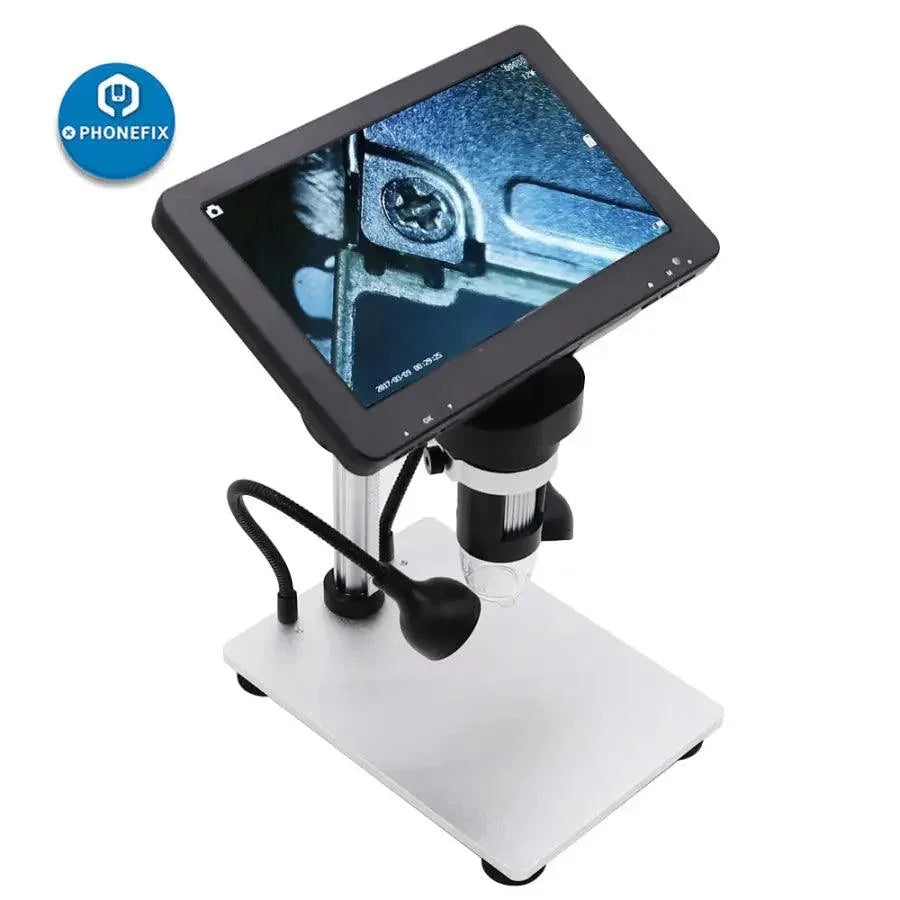 PHONEFIX DM9 1200X 12MP USB digital microscope with 7-inch display screen showing detailed close-up of tiny objects.