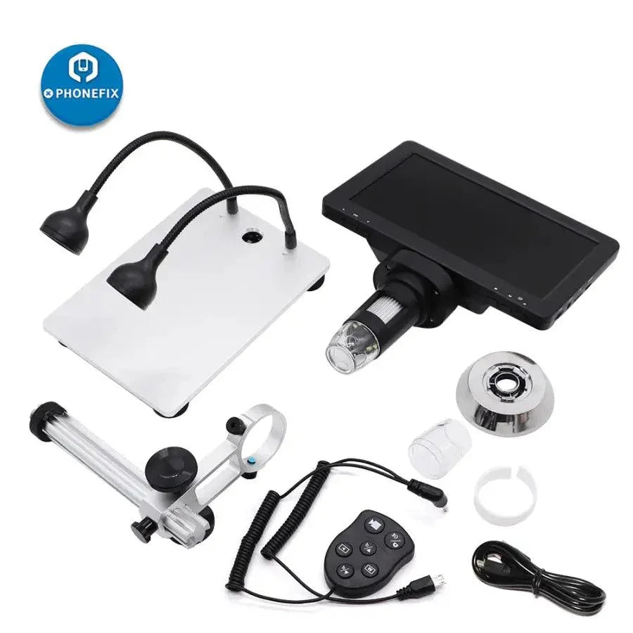 PHONEFIX DM9 1200X 12MP USB digital microscope with 7-inch display screen, showcasing the compact electronic microscope in use.