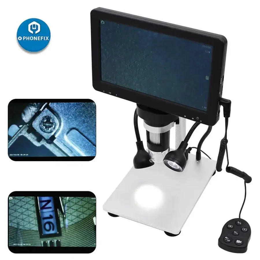 PhoneFix DM9 1200X 12MP USB digital microscope with 7-inch display screen, showcasing detailed magnified view of tiny objects.