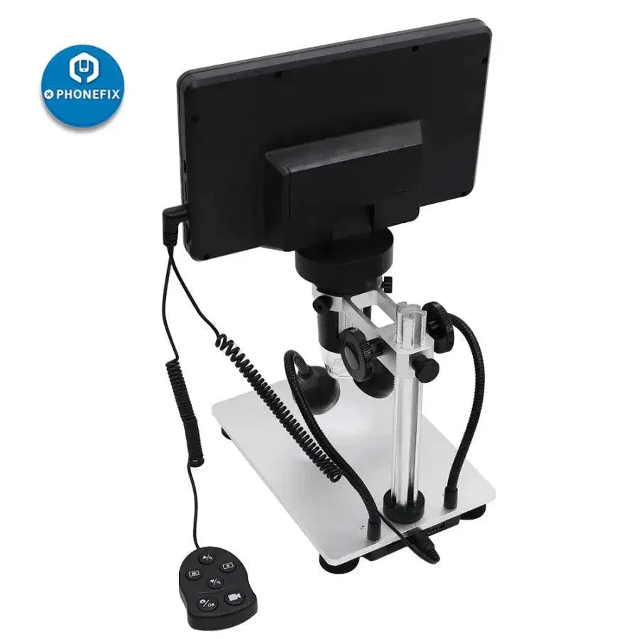 PHONEFIX DM9 1200X 12MP USB digital microscope with 7-inch display screen, showing detailed close-up view of sample.