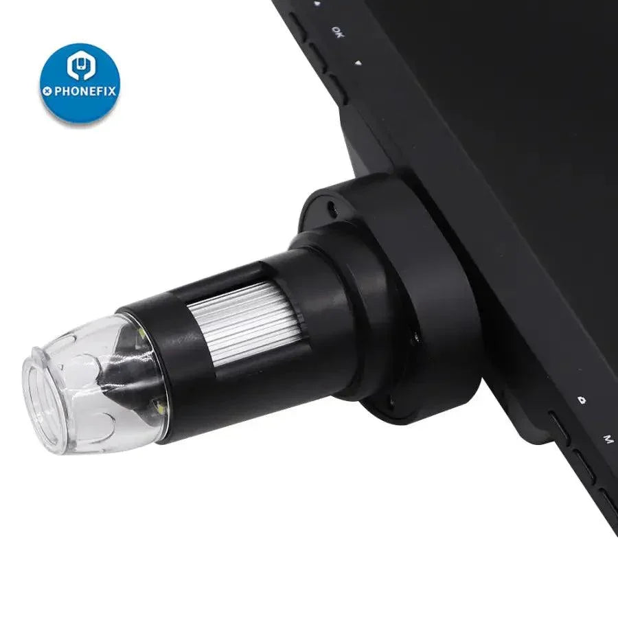PHONEFIX DM9 1200X 12MP USB digital microscope with 7-inch display screen, showcasing its compact design and high-resolution lens.