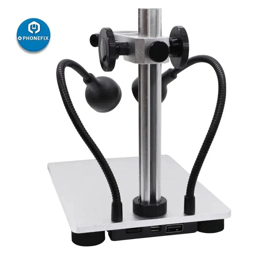 PHONEFIX DM9 1200X 12MP USB digital microscope with 7-inch display screen, showcasing detailed close-up of electronic components.