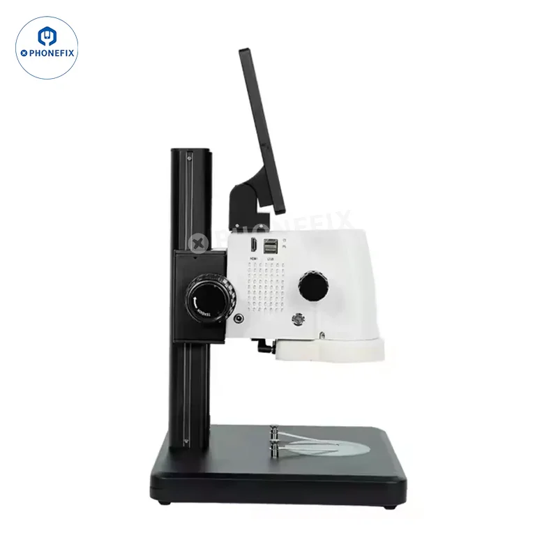HD digital measurement video microscope DMSZ30-C10 by PHONEFIX showing a close-up view of the microscope's lens and digital display.