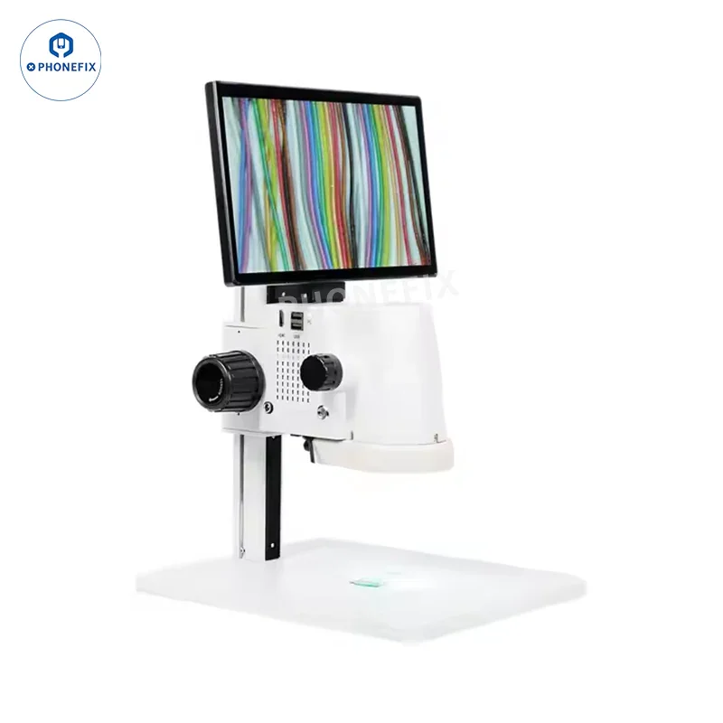 Electric microscope DMSZ30-C10 HD digital measurement video microscope by PHONEFIX showing a close-up view of the device and its digital display.
