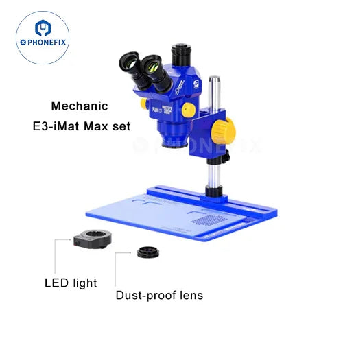 PHONEFIX Mechanic 7-60X Trinocular Stereo Microscope E3-B11 for detailed electronic and mechanical inspections.