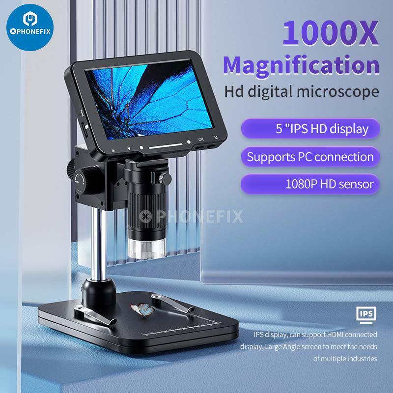 PHONEFIX LP050 4.3-inch digital microscope with 1000X zoom, 20MP camera, and video recorder for detailed microscopic viewing.