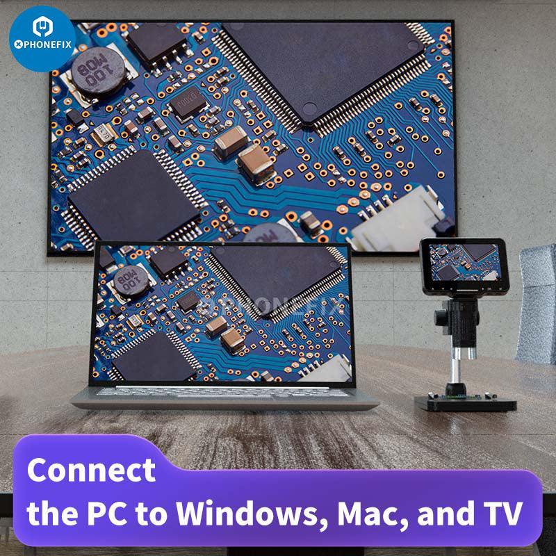 PHONEFIX LP050 4.3-inch digital microscope with 20MP camera and 1000X magnification, showing detailed close-up of small objects.