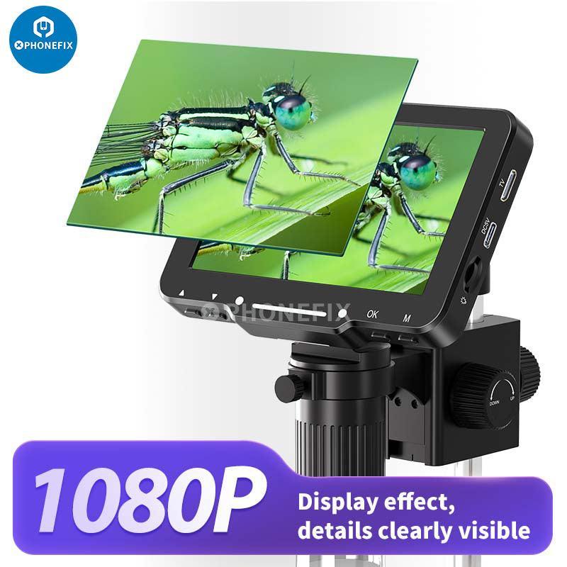 PHONEFIX LP050 4.3-inch digital microscope with 20MP camera and 1000X zoom, showing detailed view of tiny objects through the eyepiece.