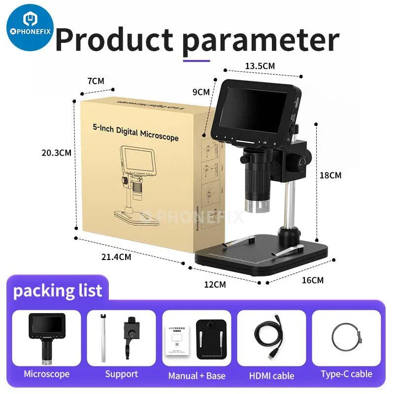 PHONEFIX LP050 4.3-inch digital microscope with 1000X magnification, 20MP camera, and video recorder for detailed inspections.