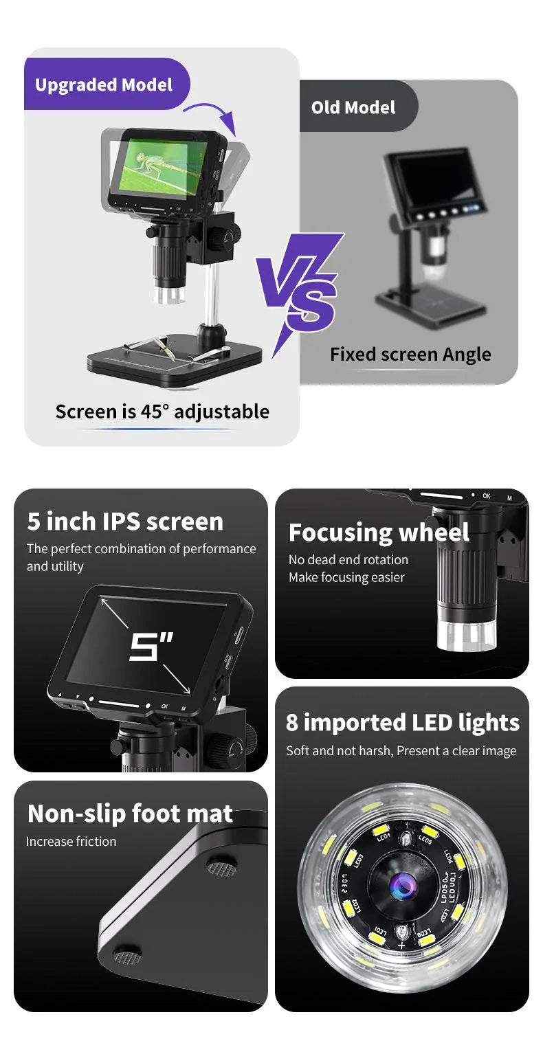 PHONEFIX LP050 4.3-inch digital microscope with 1000X zoom, 20MP camera, and video recorder for detailed microscopic inspection.