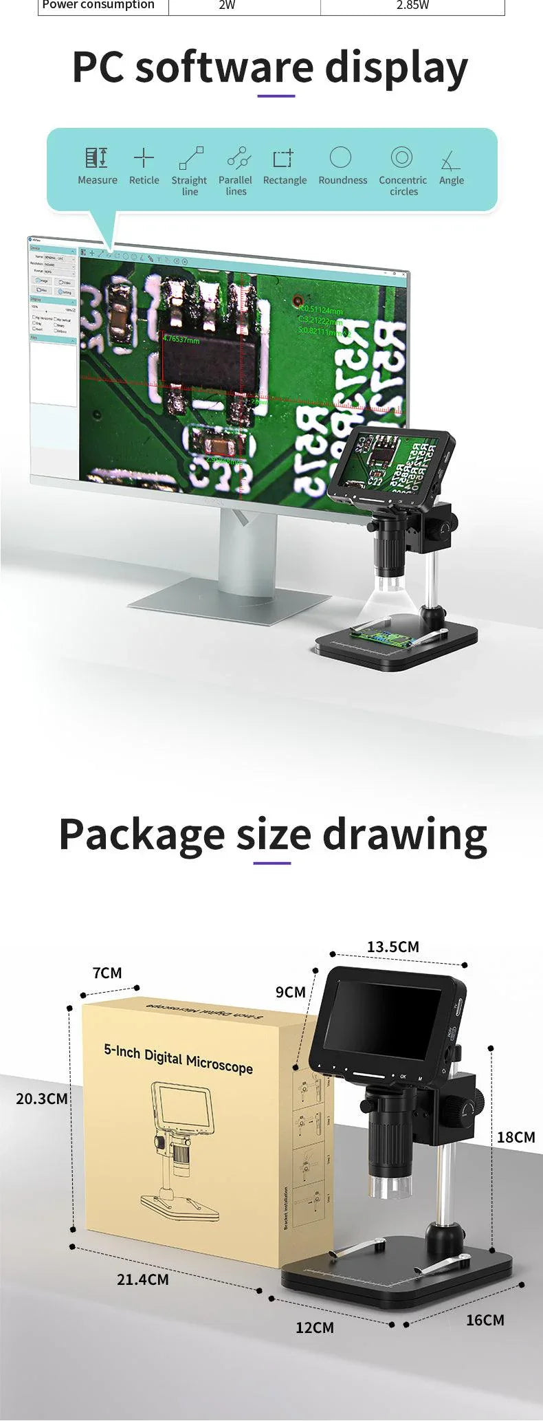 PhoneFix LP050 4.3-inch digital microscope with 20MP camera and 1000X magnification, displaying detailed microscopic view.