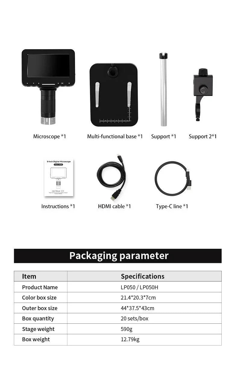 PHONEFIX LP050 4.3-inch digital microscope with 1000X magnification, 20MP camera, and video recorder for detailed close-up viewing.