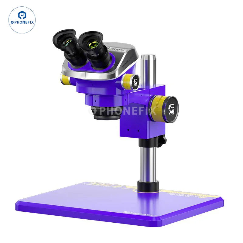 PhoneFix Mechanic Mic2 Mic3 7X-50X trinocular stereo soldering microscope with adjustable eyepieces and bright illumination.
