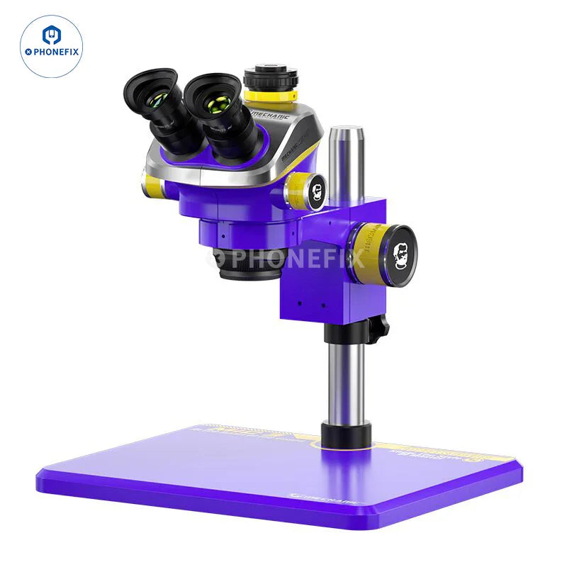 PHONEFIX Mechanic Mic2 Mic3 7X-50X trinocular stereo soldering microscope with adjustable magnification and electric illumination.