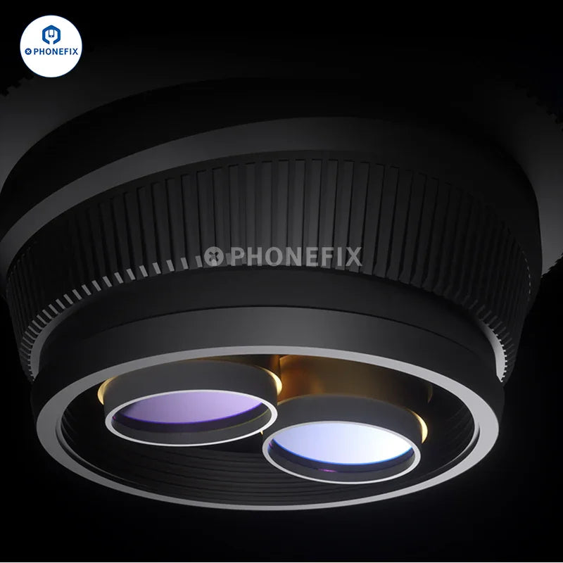 PhoneFix Mechanic Mic2 Mic3 7X-50X trinocular stereo soldering microscope with adjustable eyepieces and bright LED lighting.