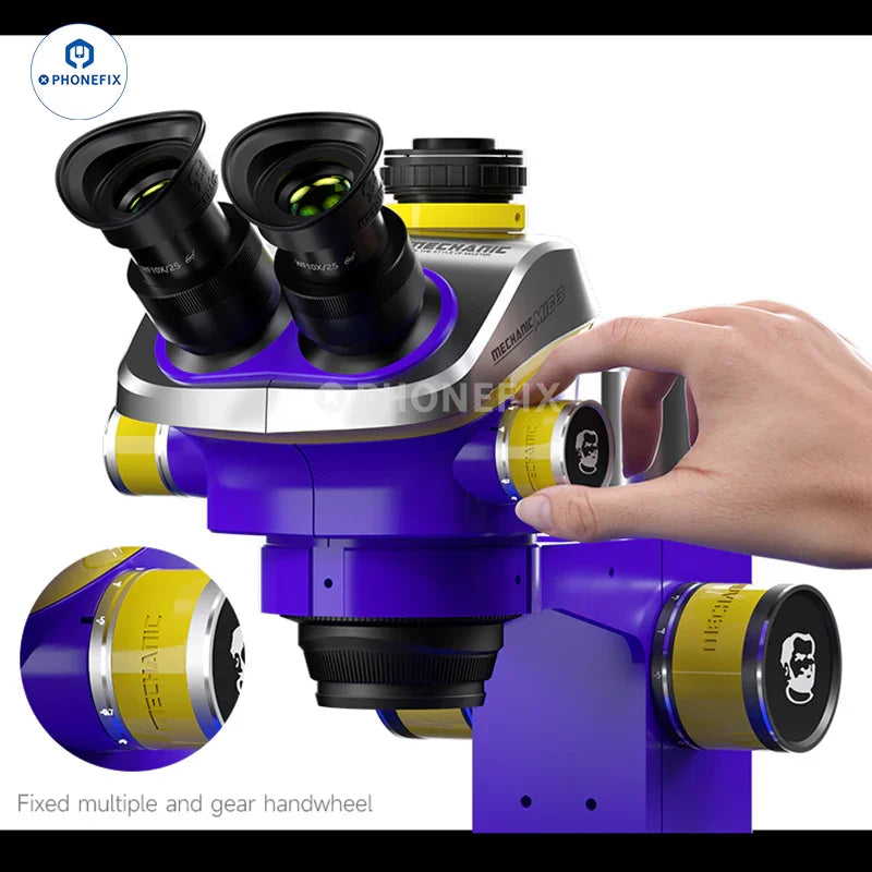 PhoneFix Mechanic Mic2 Mic3 7X-50X trinocular stereo soldering microscope with adjustable eyepieces and bright LED illumination.