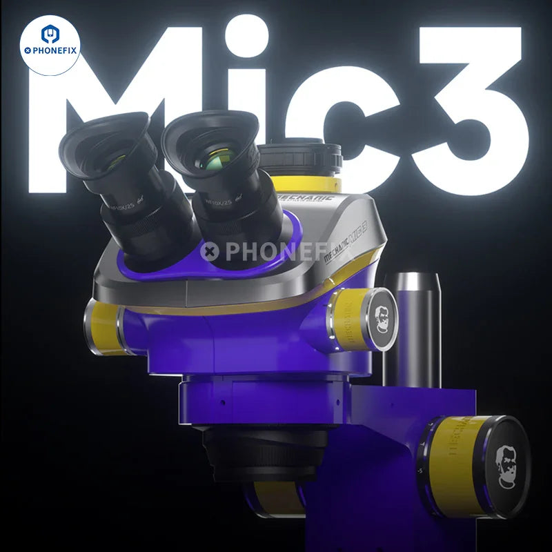 PHONEFIX Mechanic Mic2 Mic3 7X-50X trinocular stereo soldering microscope with adjustable eyepieces and arm for electronic repair.