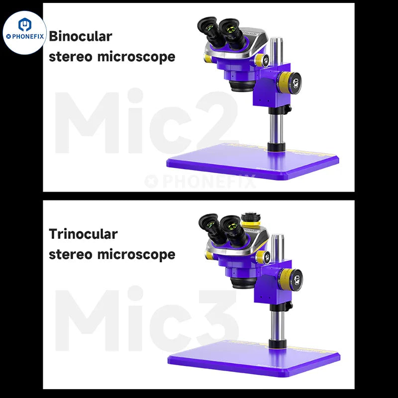 PhoneFix Mechanic Mic2 Mic3 7X-50X trinocular stereo soldering microscope with adjustable eyepieces and built-in lighting.