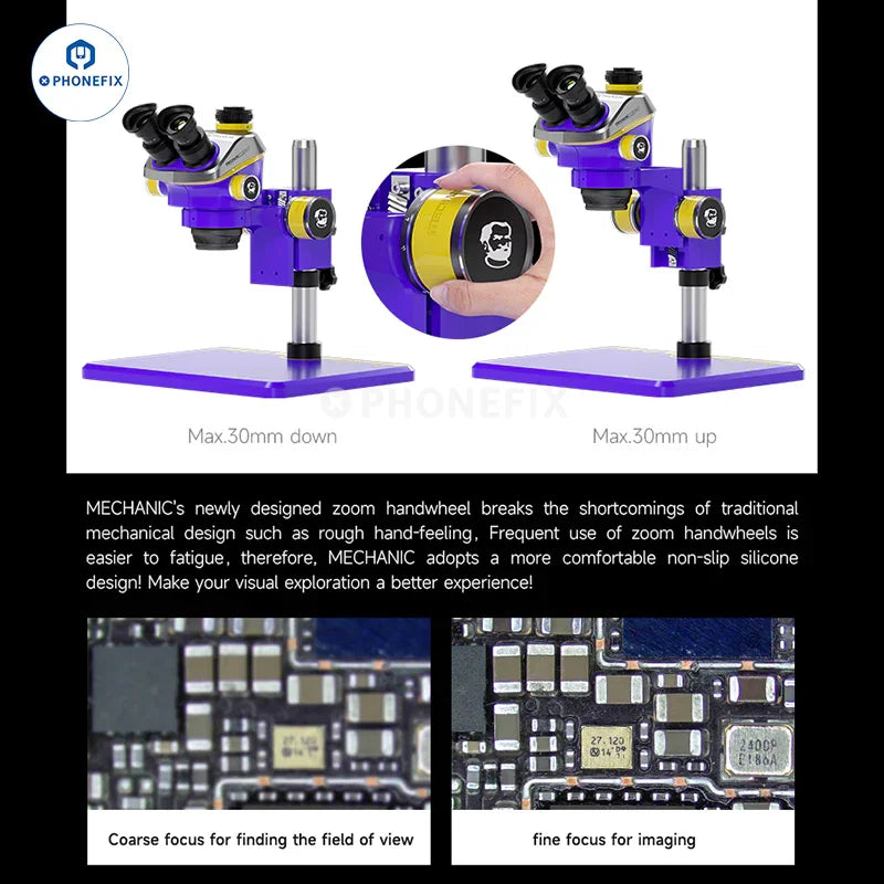 PHONEFIX Mechanic Mic2 Mic3 7X-50X trinocular stereo soldering microscope with adjustable eyepieces and LED illumination.