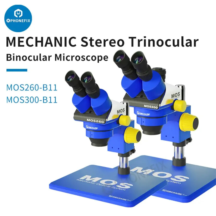 PhoneFix MECHANIC MOS300 Microscope électrique binoculaire stéréo trinoculaire 6-45X pour une observation scientifique détaillée.