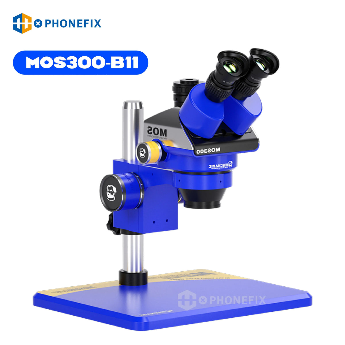 Microscope stéréo trinoculaire MECHANIC MOS300 6-45X, microscope électrique avec oculaires binoculaires, utilisé pour une inspection scientifique détaillée.