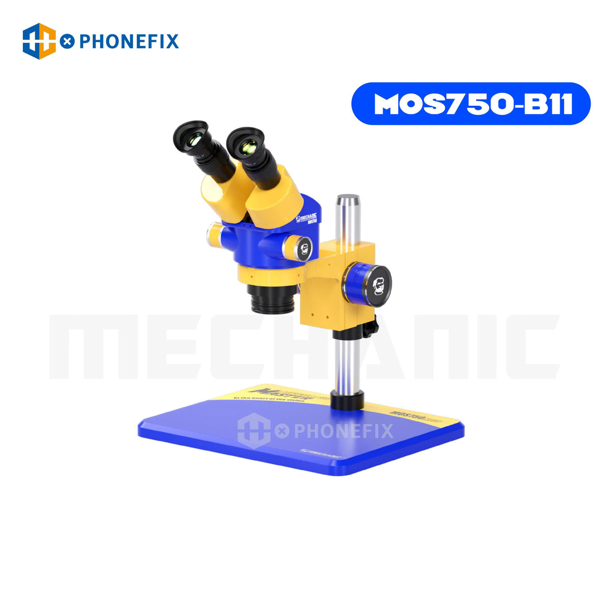 PhoneFix MECHANIC MOS760 MOS750 7X-60X trinocular stereo electric microscope with adjustable eyepieces and bright illumination.