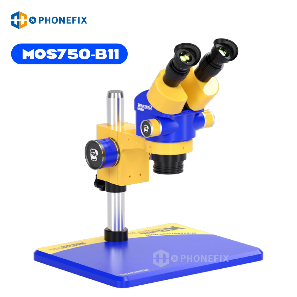 PhoneFix MECHANIC MOS760 MOS750 7X-60X trinocular stereo electric microscope with adjustable eyepieces and illumination.