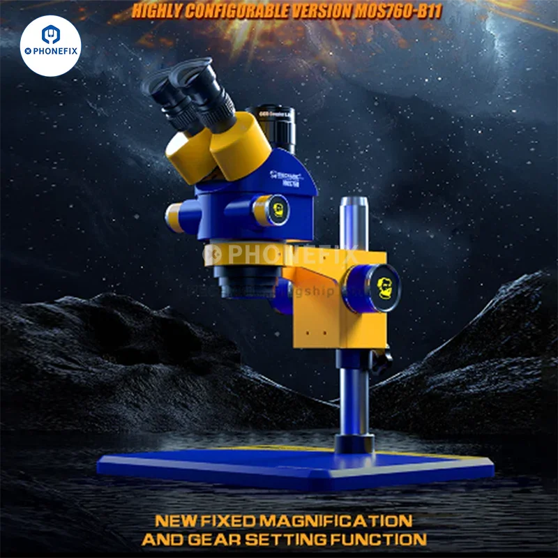 PhoneFix MECHANIC MOS760 MOS750 7X-60X trinocular stereo electric microscope with adjustable eyepieces and focus.