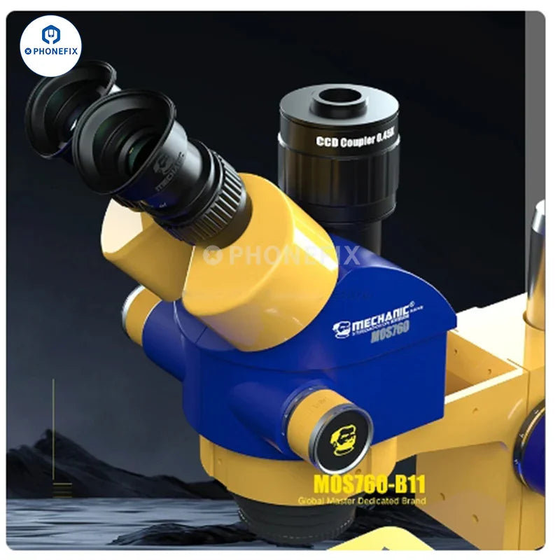 Phonefix MECHANIC MOS760 MOS750 7X-60X trinocular stereo microscope with electric illumination and adjustable magnification.