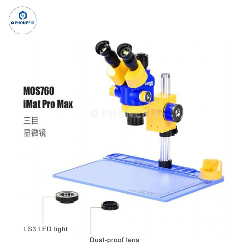 Phonefix MECHANIC MOS760 MOS750 7X-60X trinocular stereo electric microscope with adjustable focus and built-in illumination.