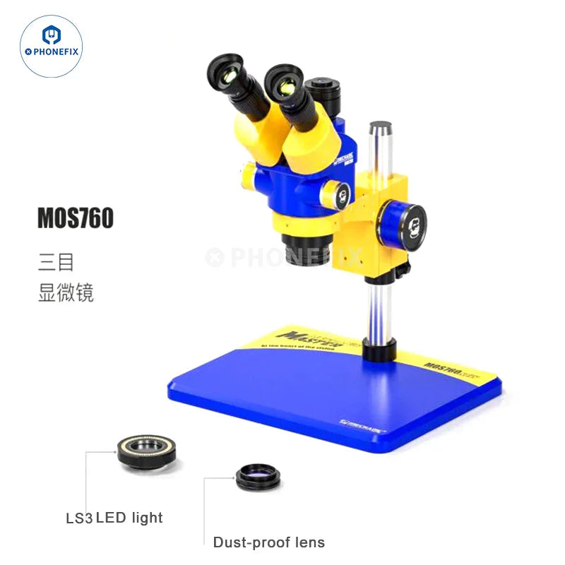 PhoneFix MECHANIC MOS760 7X-60X trinocular stereo microscope with electric illumination, used for detailed inspection and magnification.