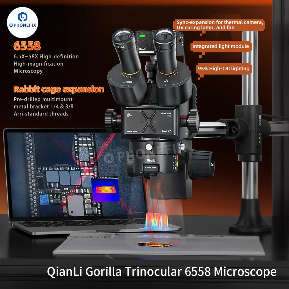 PHONEFIX QianLi 6.5X-58X Gorilla Trinocular Electric Microscope with eyepiece and adjustable focus, used for detailed microscopic examination.
